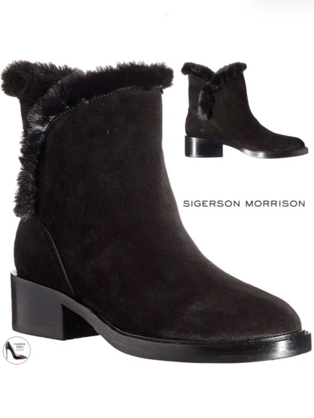 Sigerson Morrison Hatty Black Suede Fur Trim Combat Boots Leather Ankle Booties